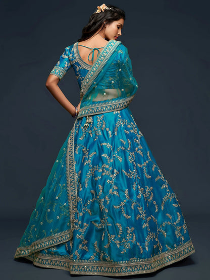 Tulsi Art Teal Blue Thread Embroidery Art Silk Wedding Wear Lehenga Choli