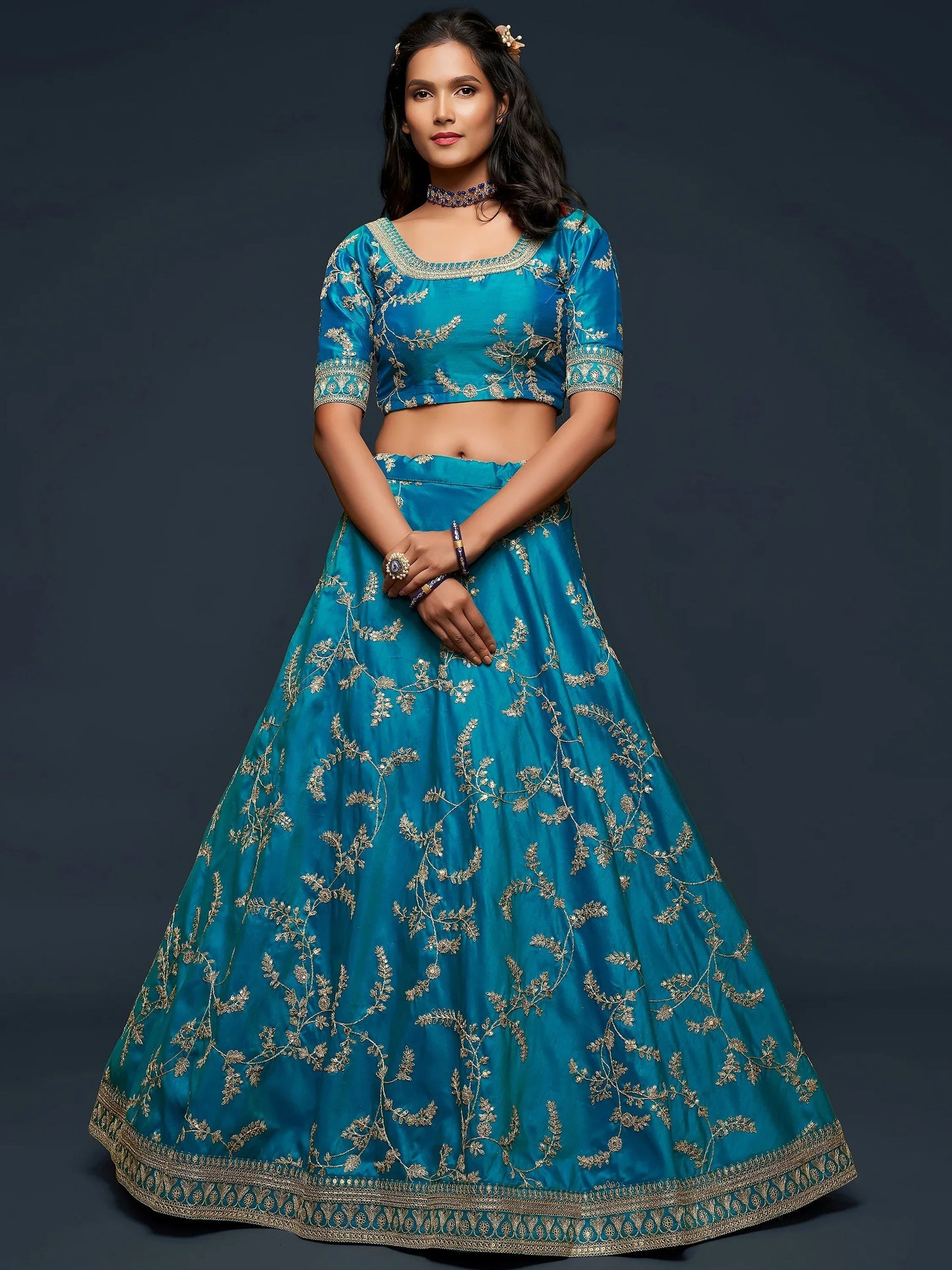 Tulsi Art Teal Blue Thread Embroidery Art Silk Wedding Wear Lehenga Choli