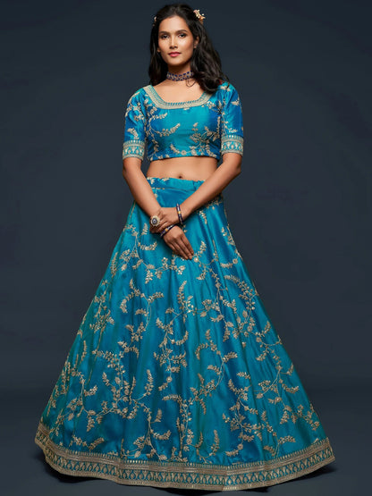 Tulsi Art Teal Blue Thread Embroidery Art Silk Wedding Wear Lehenga Choli