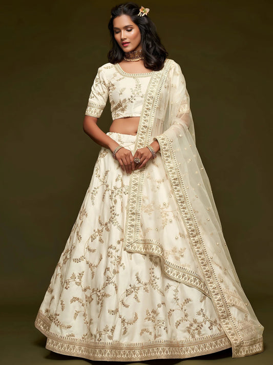 Tulsi Art White Thread Embroidery Art Silk Wedding Wear Lehenga Choli