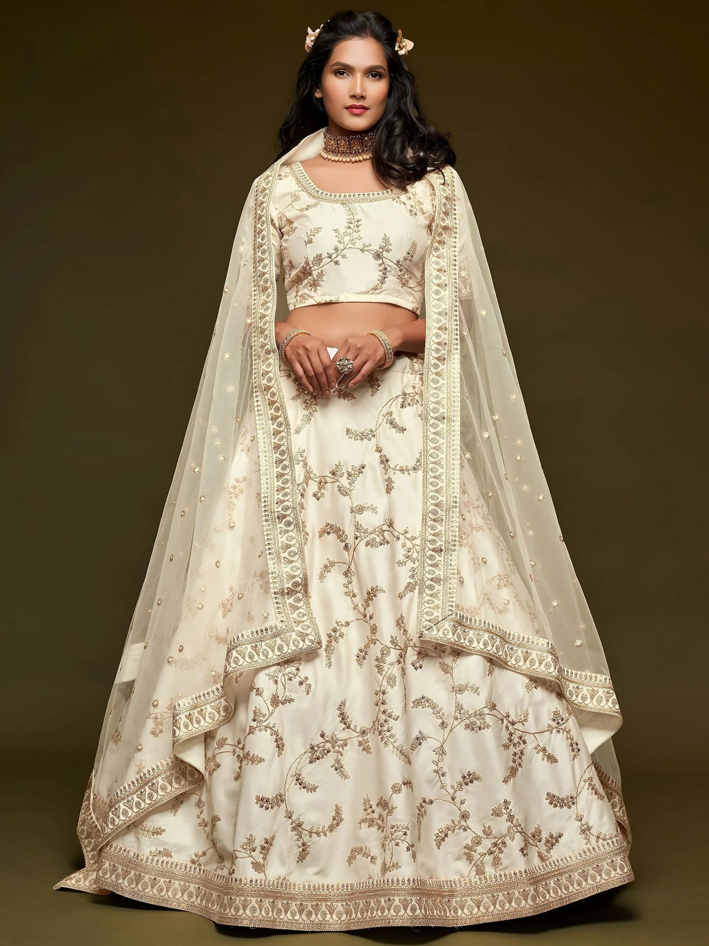 Tulsi Art White Thread Embroidery Art Silk Wedding Wear Lehenga Choli