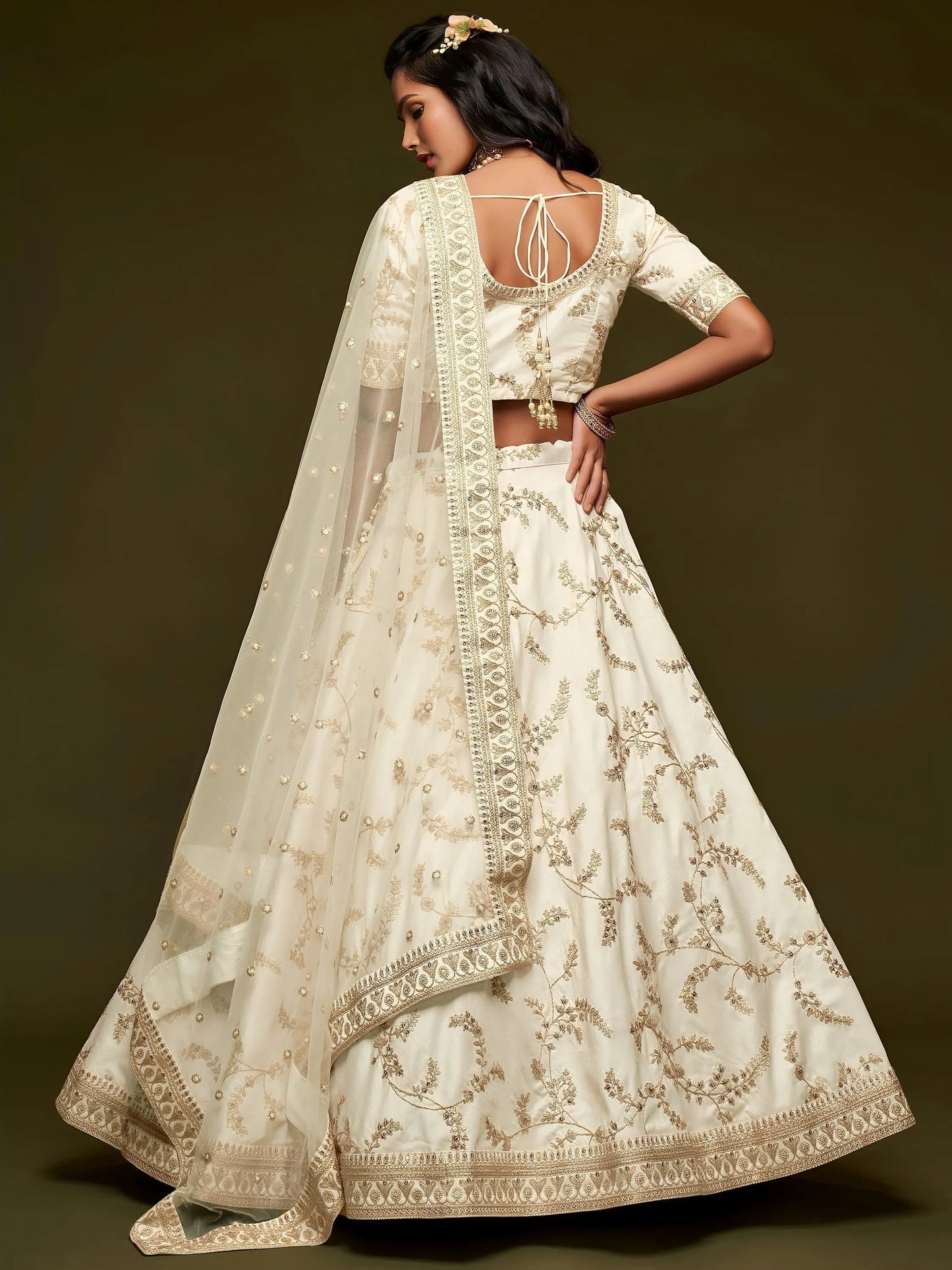 Tulsi Art White Thread Embroidery Art Silk Wedding Wear Lehenga Choli