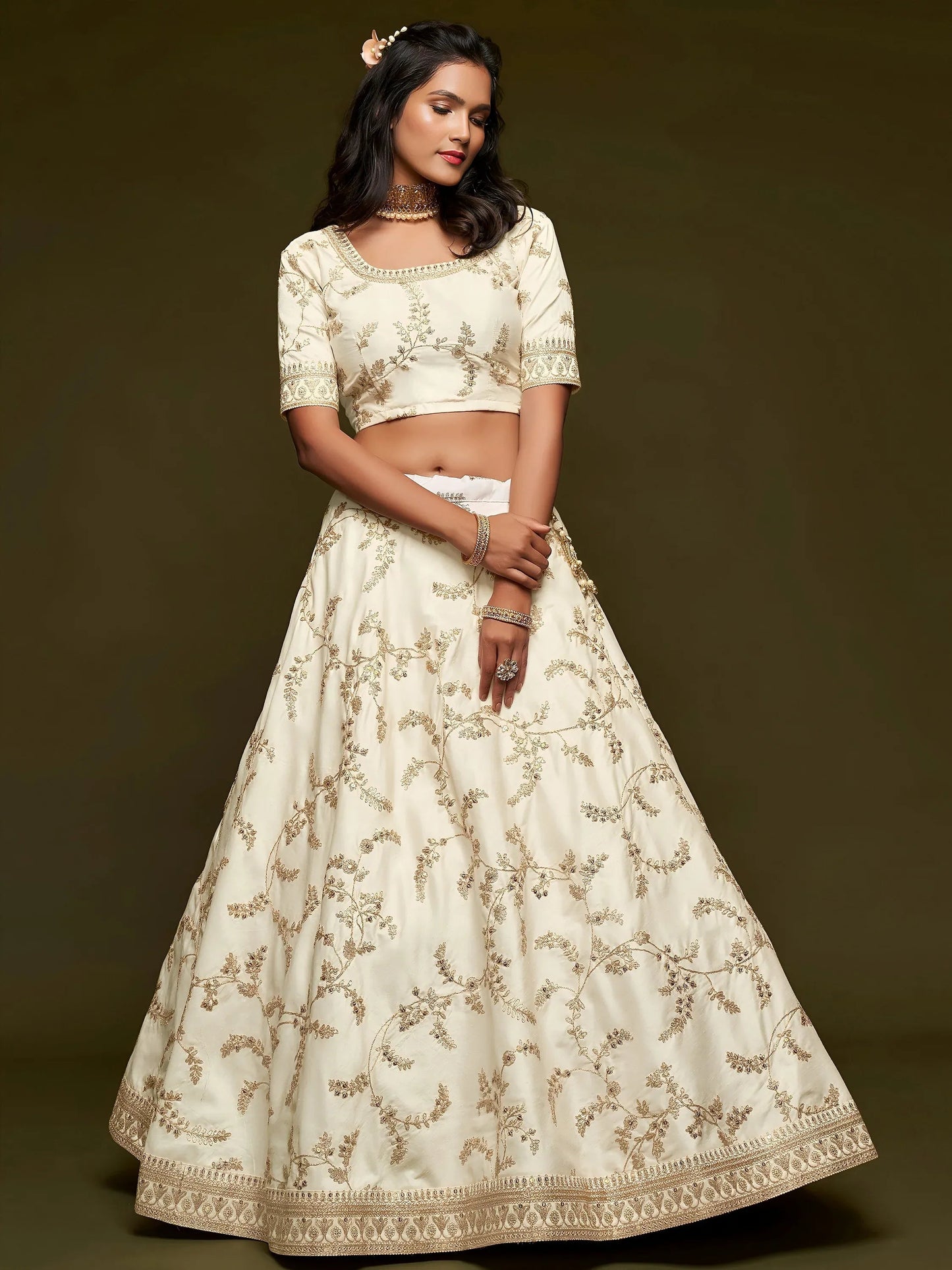 Tulsi Art White Thread Embroidery Art Silk Wedding Wear Lehenga Choli