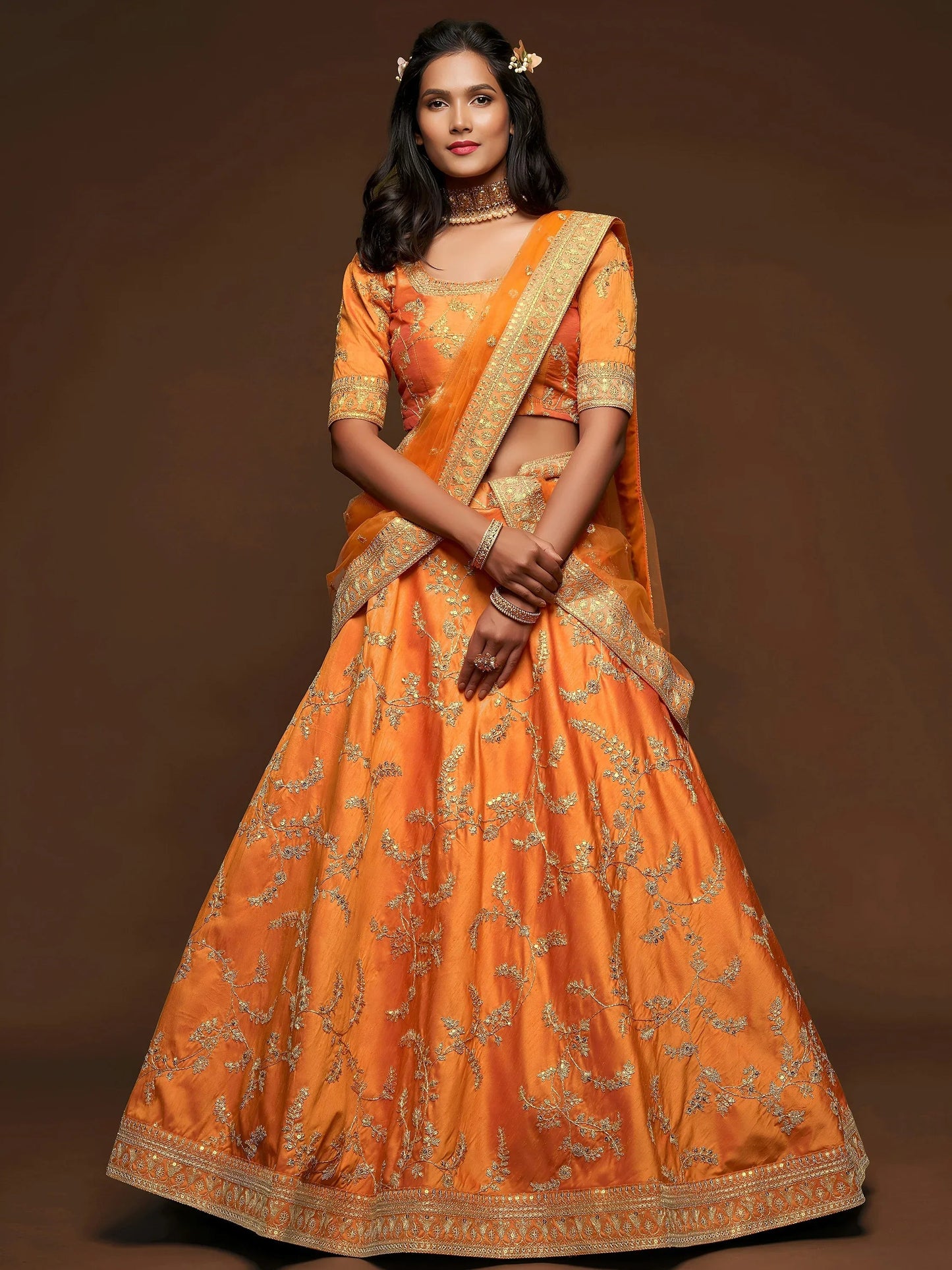 Tulsi Art Orange Thread Embroidery Art Silk Wedding Wear Lehenga Choli