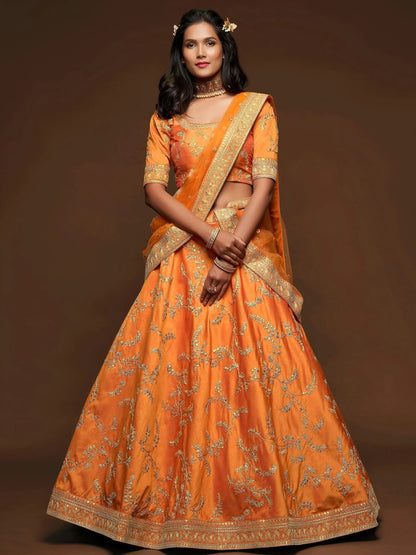 Tulsi Art Orange Thread Embroidery Art Silk Wedding Wear Lehenga Choli