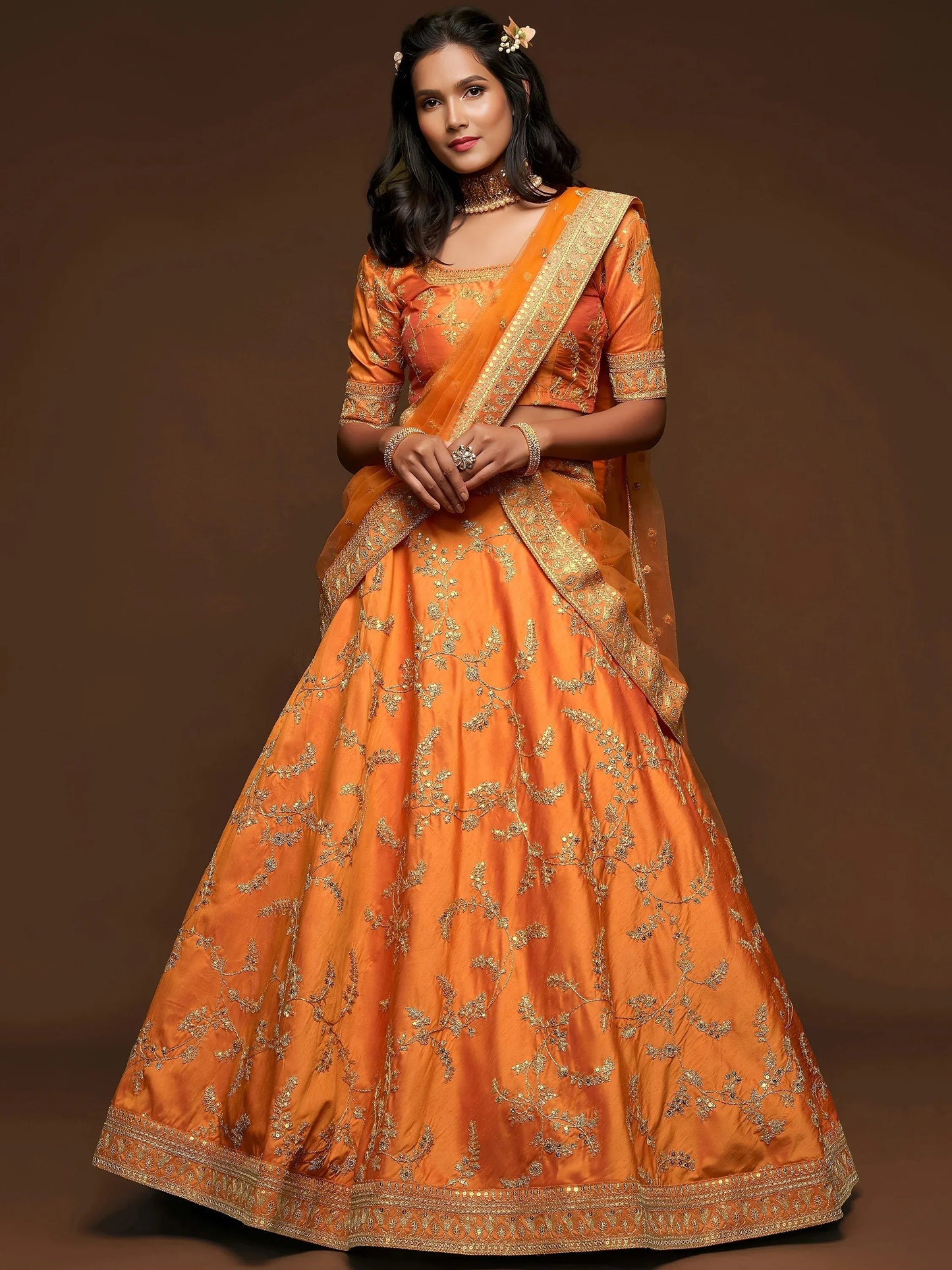 Tulsi Art Orange Thread Embroidery Art Silk Wedding Wear Lehenga Choli