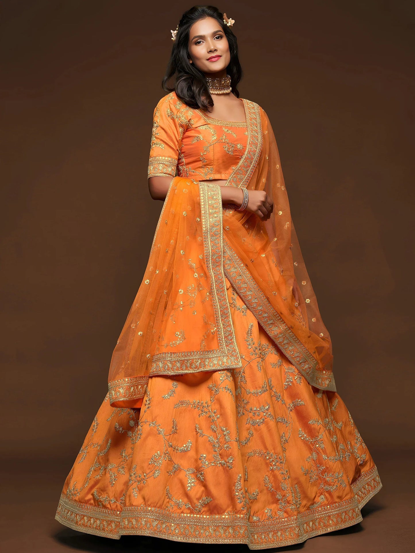 Tulsi Art Orange Thread Embroidery Art Silk Wedding Wear Lehenga Choli