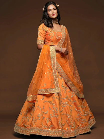 Tulsi Art Orange Thread Embroidery Art Silk Wedding Wear Lehenga Choli