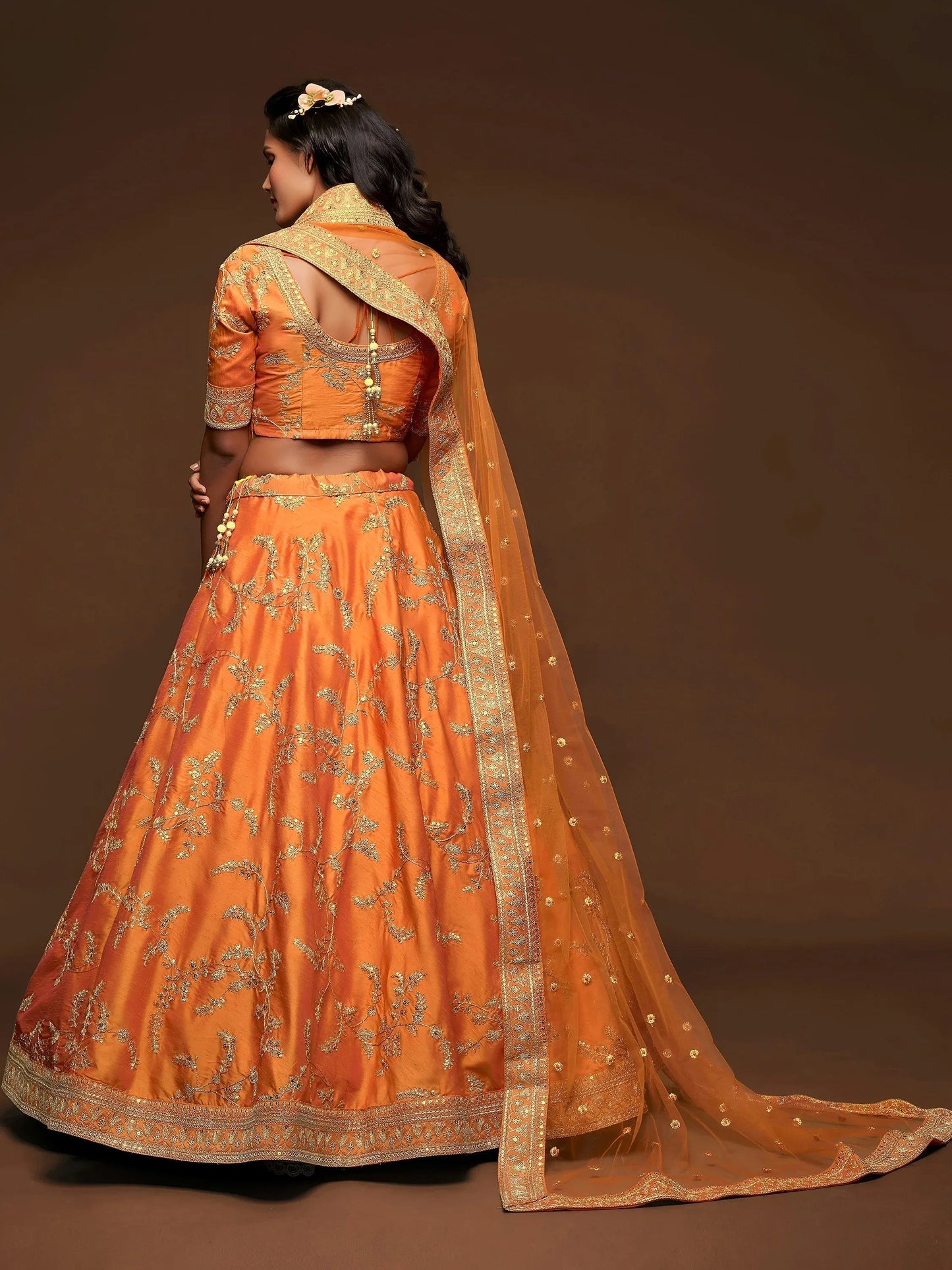 Tulsi Art Orange Thread Embroidery Art Silk Wedding Wear Lehenga Choli