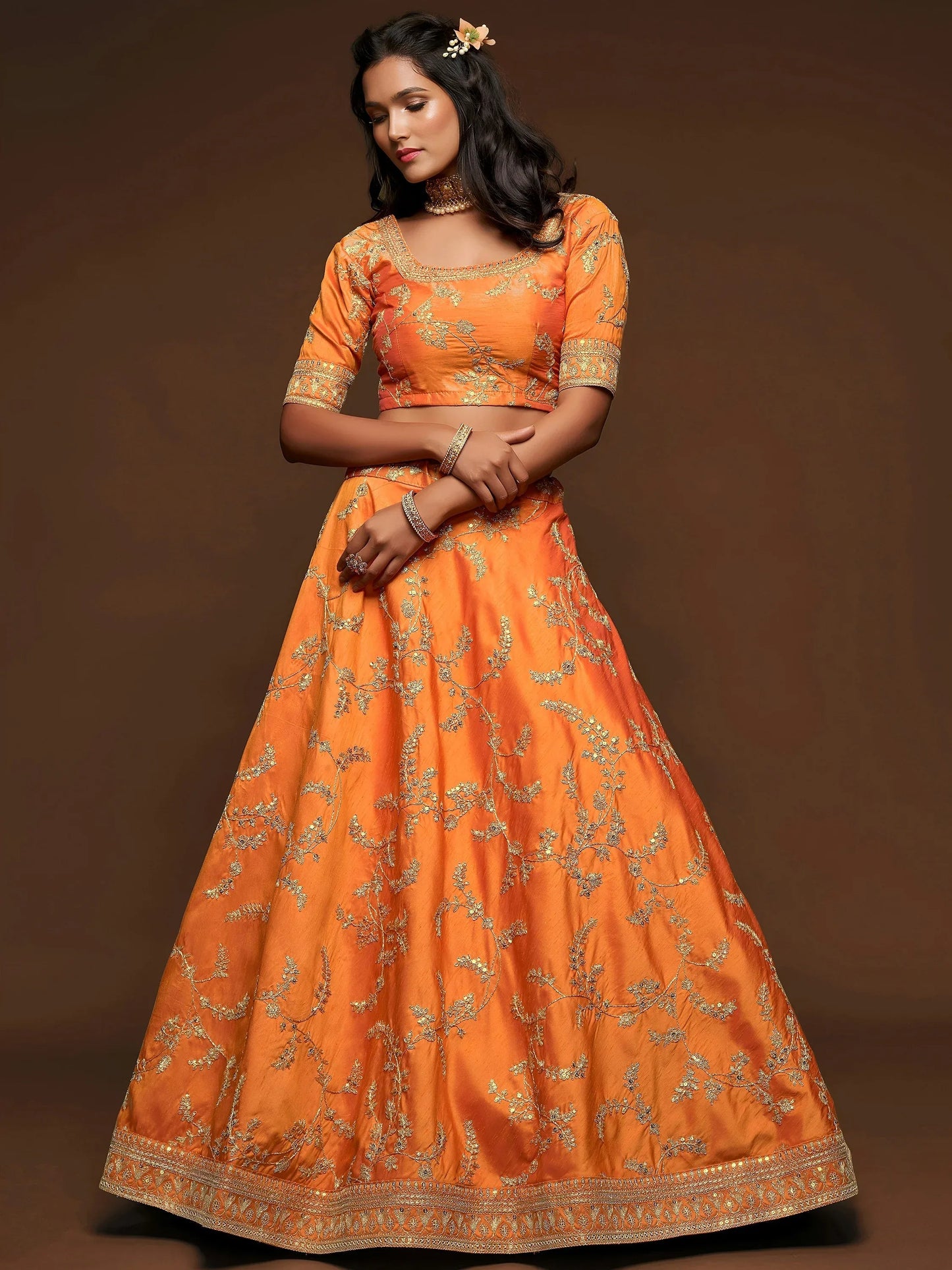 Tulsi Art Orange Thread Embroidery Art Silk Wedding Wear Lehenga Choli