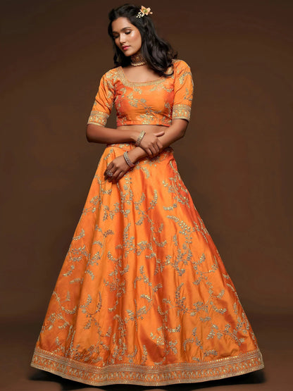 Tulsi Art Orange Thread Embroidery Art Silk Wedding Wear Lehenga Choli