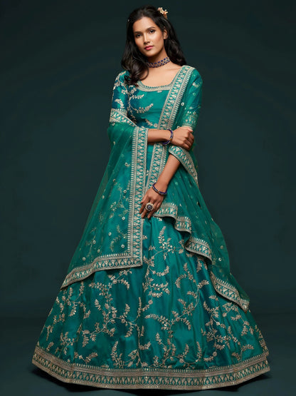Tulsi Art Green Thread Embroidery Art Silk Wedding Wear Lehenga Choli