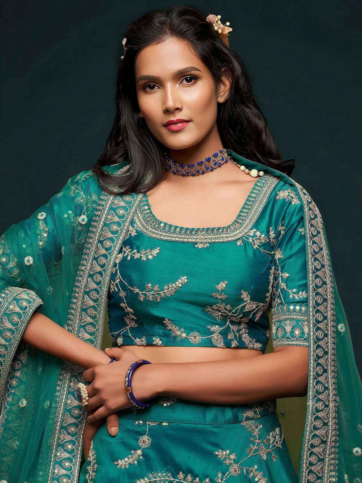 Tulsi Art Green Thread Embroidery Art Silk Wedding Wear Lehenga Choli