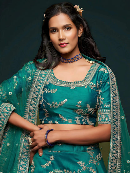 Tulsi Art Green Thread Embroidery Art Silk Wedding Wear Lehenga Choli