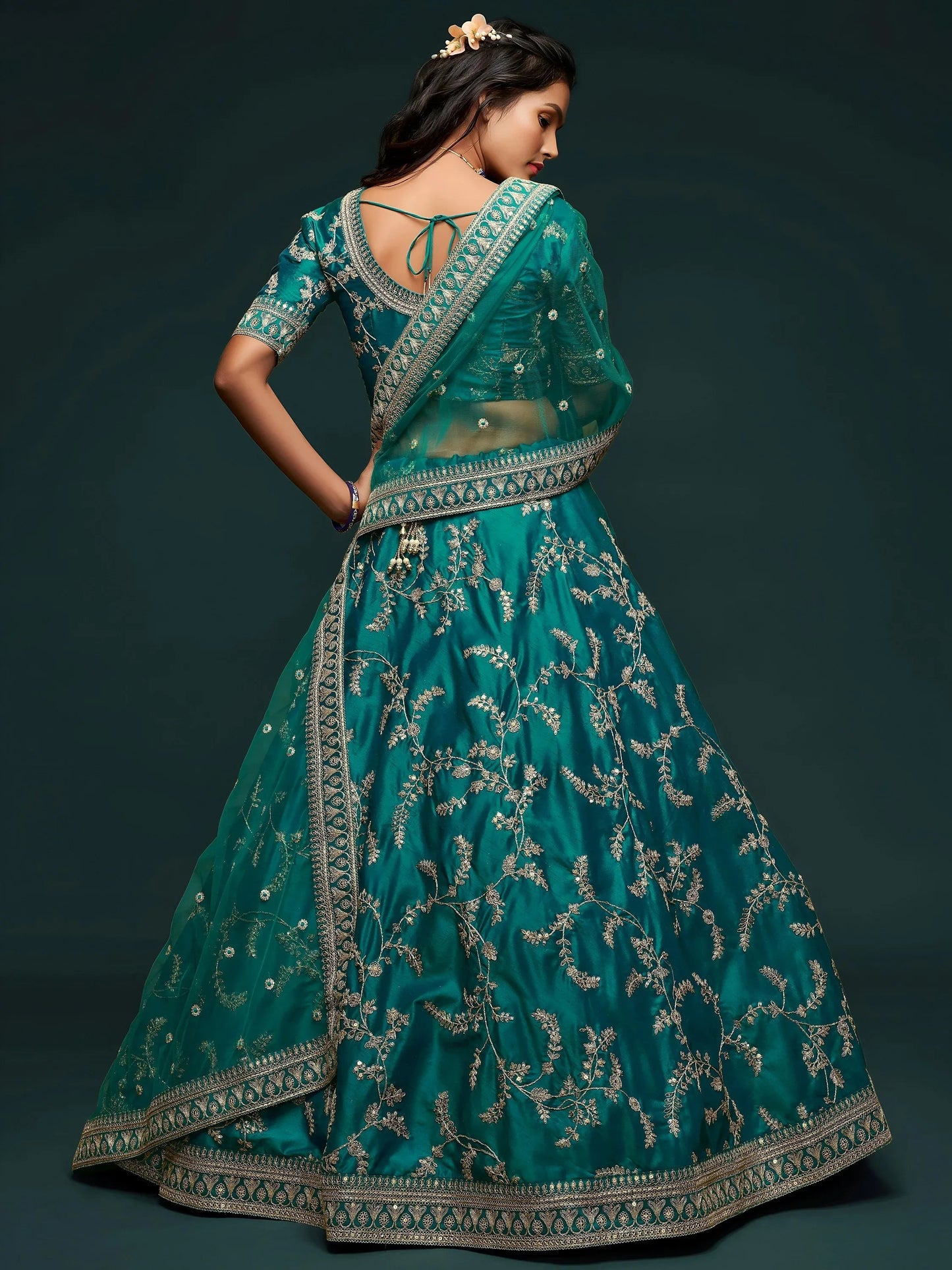 Tulsi Art Green Thread Embroidery Art Silk Wedding Wear Lehenga Choli