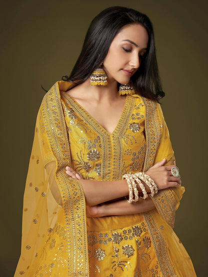 Tulsi Art Fascinating Yellow Sequins Embroidery Slub Silk Lehenga Choli