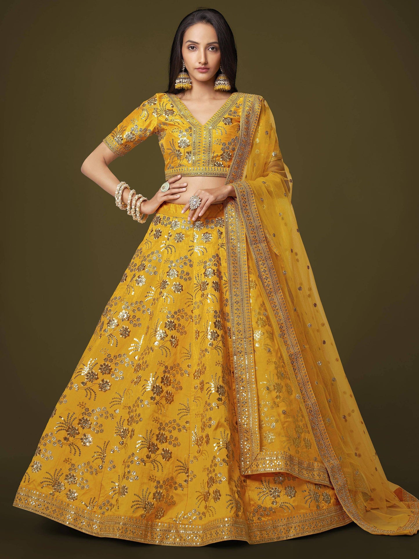 Tulsi Art Fascinating Yellow Sequins Embroidery Slub Silk Lehenga Choli