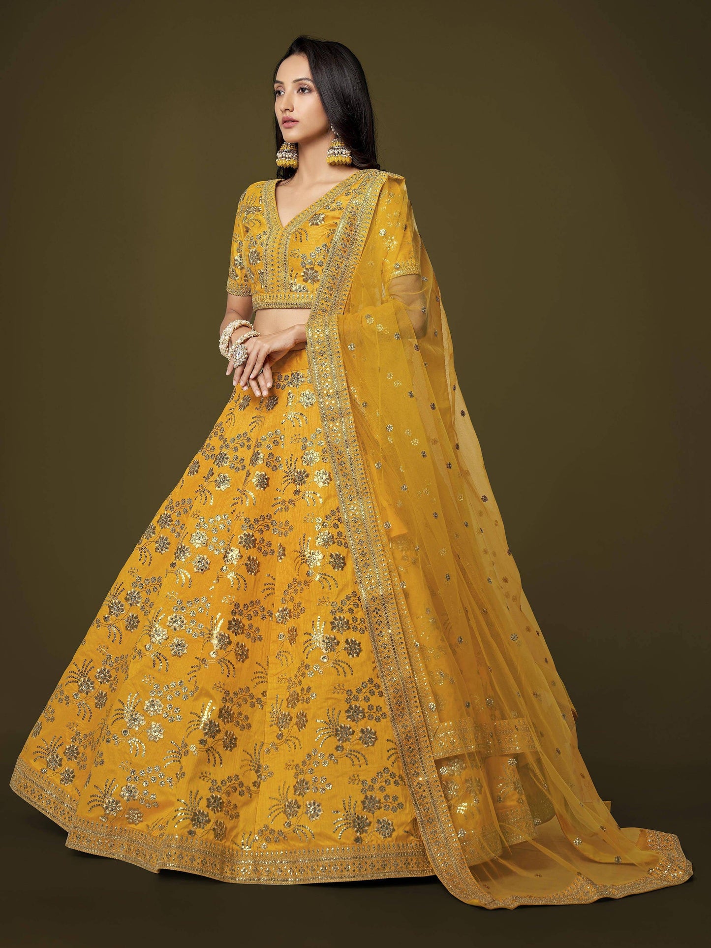 Tulsi Art Fascinating Yellow Sequins Embroidery Slub Silk Lehenga Choli