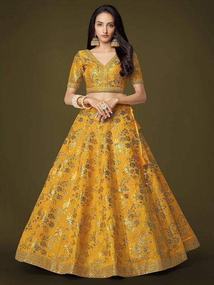 Tulsi Art Fascinating Yellow Sequins Embroidery Slub Silk Lehenga Choli