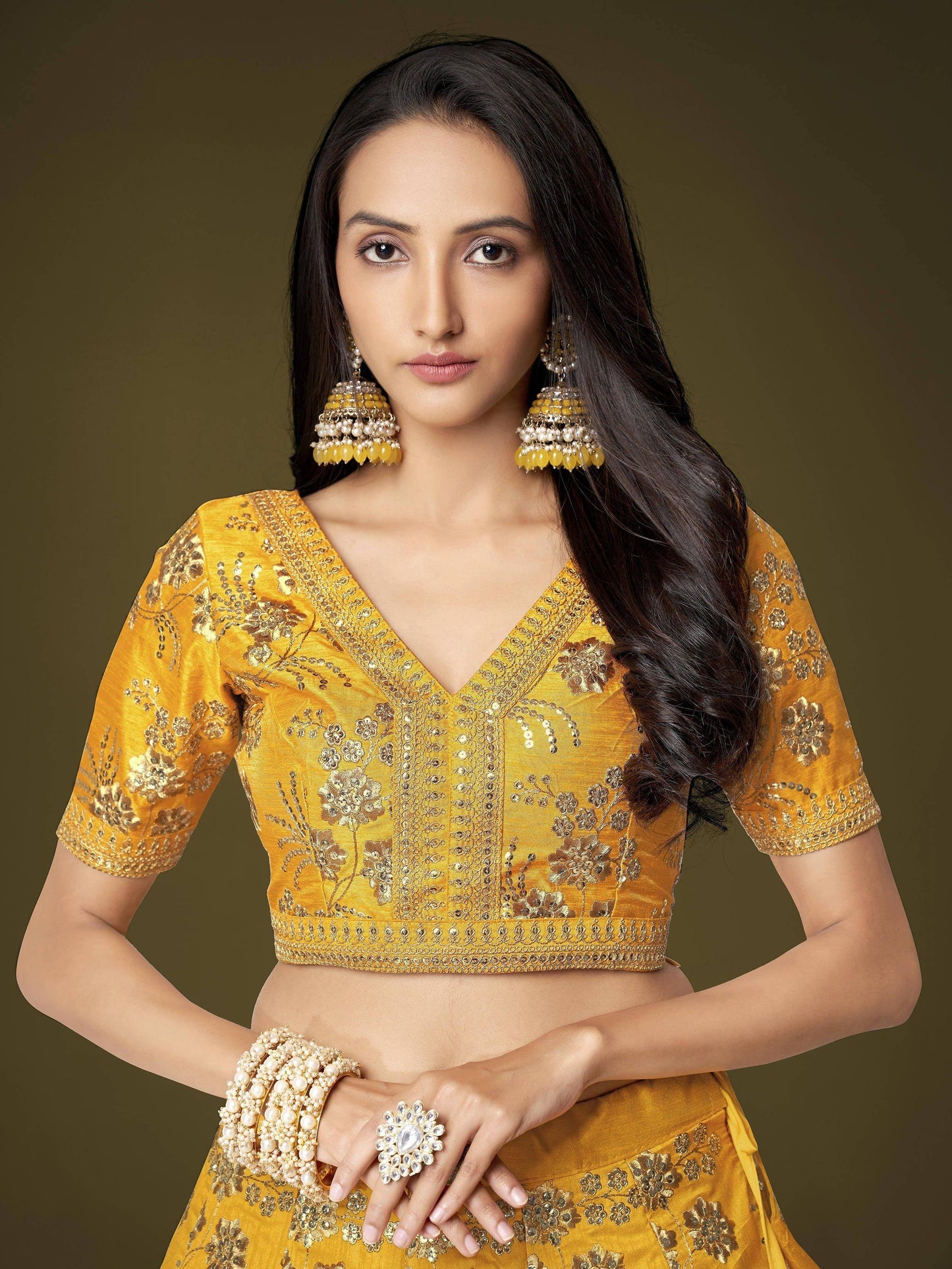 Tulsi Art Fascinating Yellow Sequins Embroidery Slub Silk Lehenga Choli