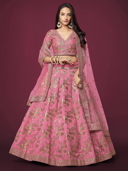 Tulsi Art Marvelous Pink Sequins Work Slub Silk Wedding Wear Lehenga Choli
