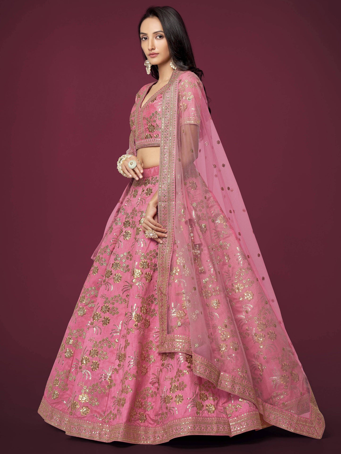 Tulsi Art Marvelous Pink Sequins Work Slub Silk Wedding Wear Lehenga Choli