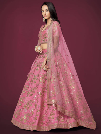 Tulsi Art Marvelous Pink Sequins Work Slub Silk Wedding Wear Lehenga Choli