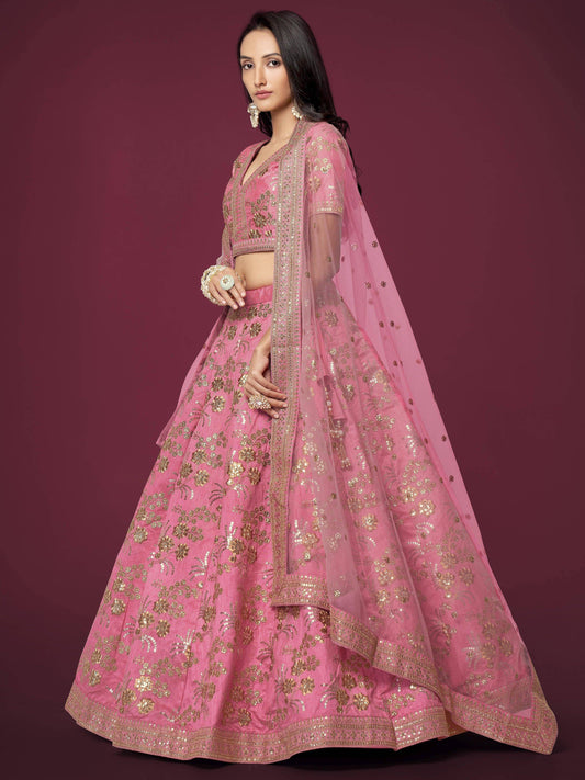 Tulsi Art Marvelous Pink Sequins Work Slub Silk Wedding Wear Lehenga Choli