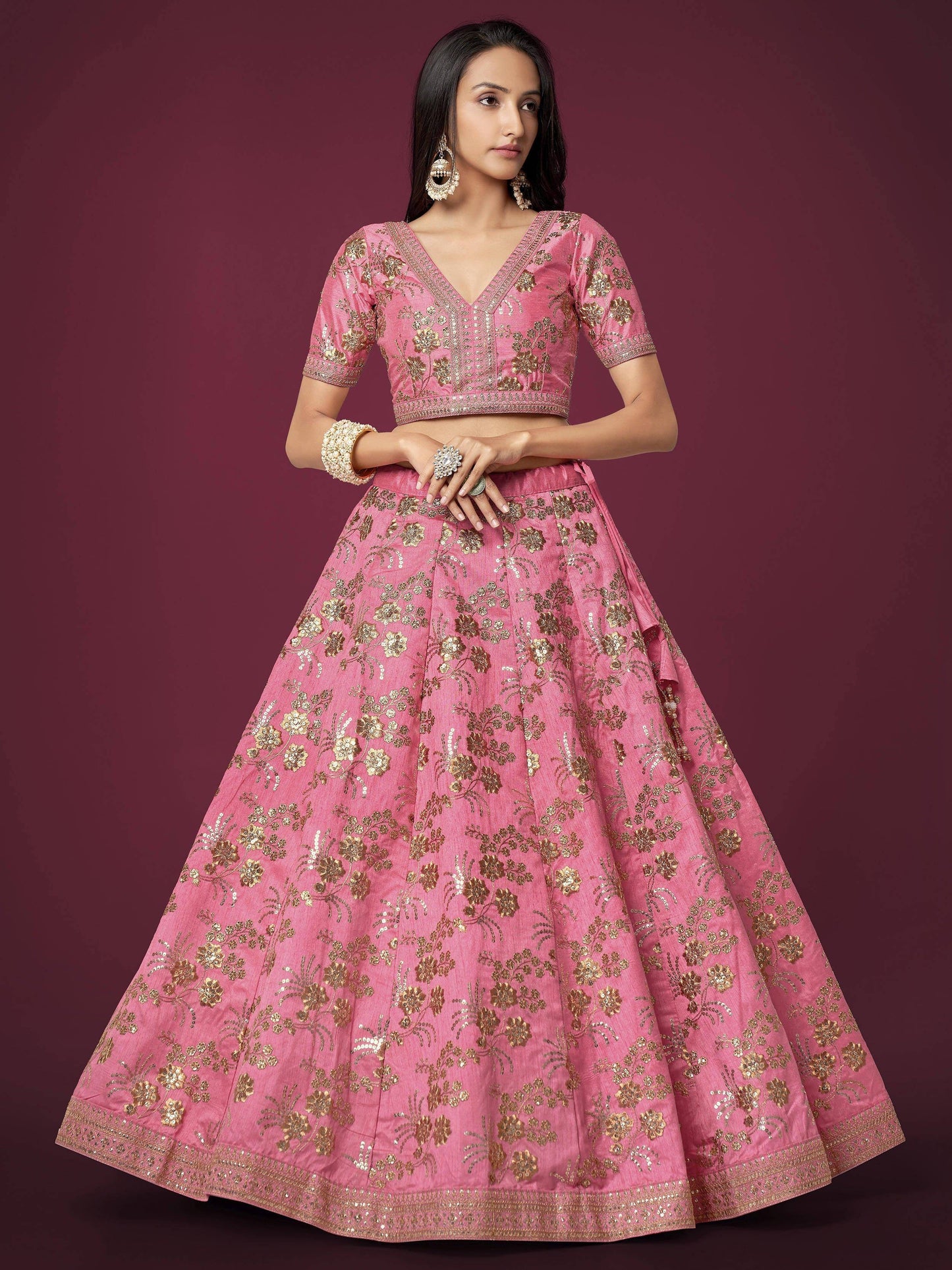 Tulsi Art Marvelous Pink Sequins Work Slub Silk Wedding Wear Lehenga Choli