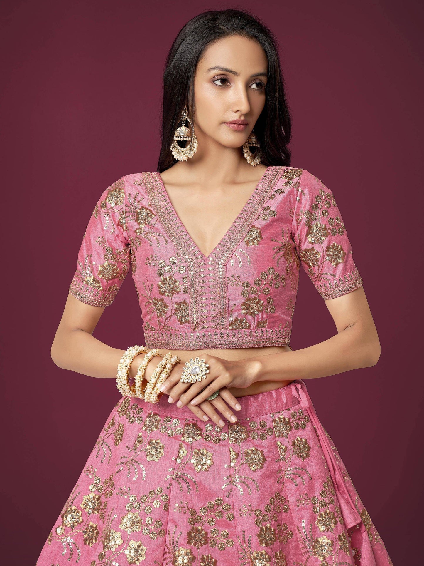 Tulsi Art Marvelous Pink Sequins Work Slub Silk Wedding Wear Lehenga Choli