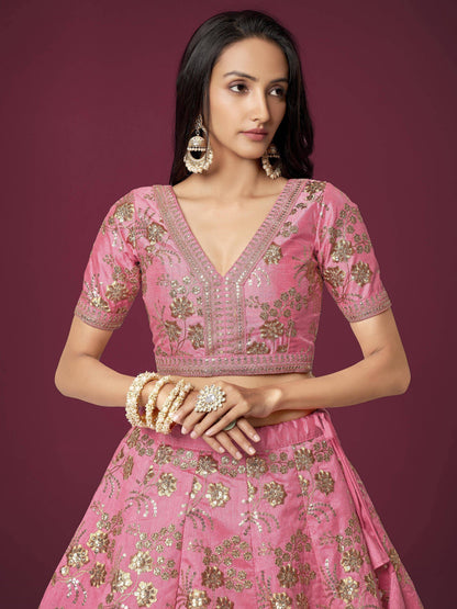 Tulsi Art Marvelous Pink Sequins Work Slub Silk Wedding Wear Lehenga Choli