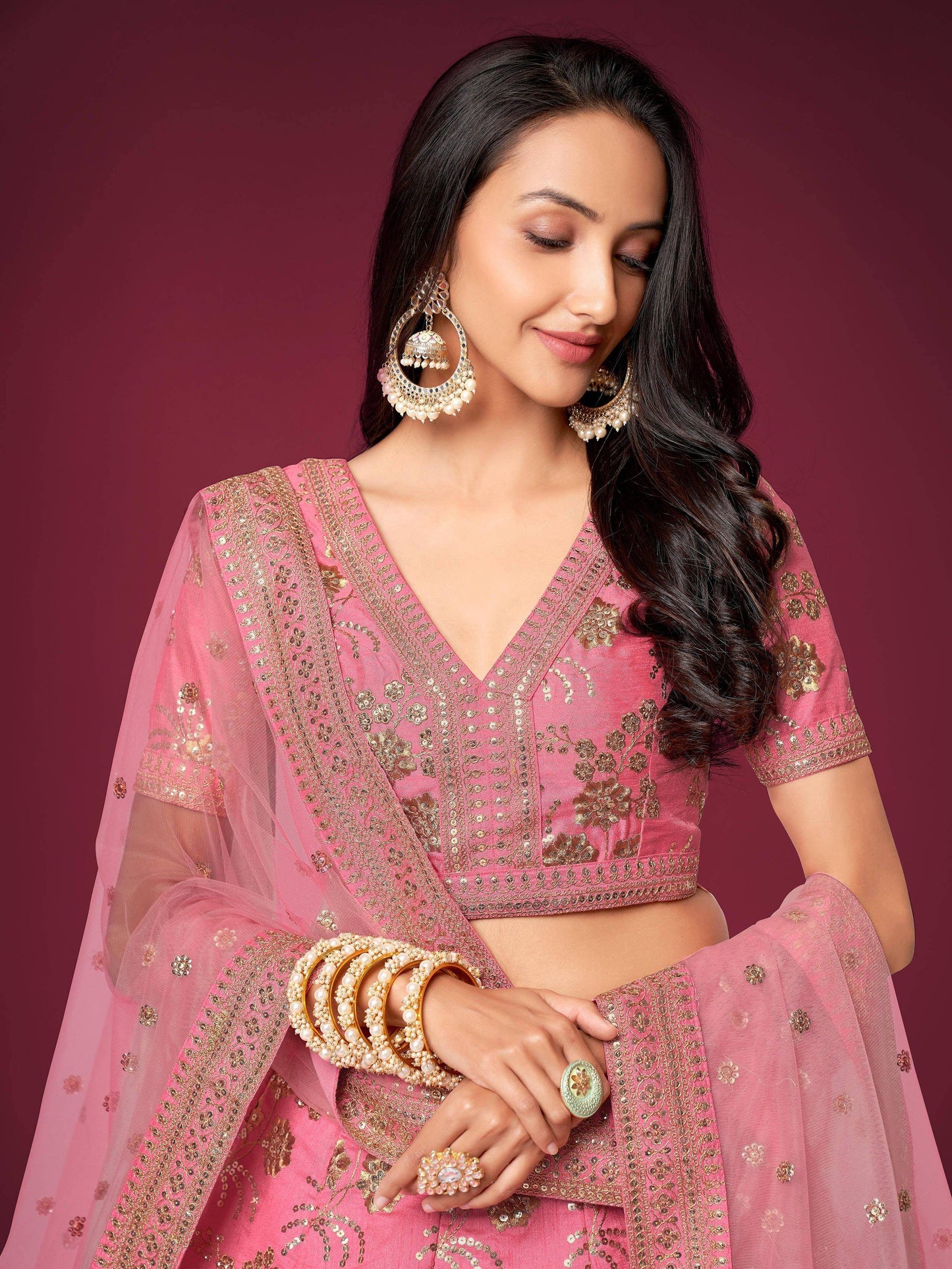 Tulsi Art Marvelous Pink Sequins Work Slub Silk Wedding Wear Lehenga Choli