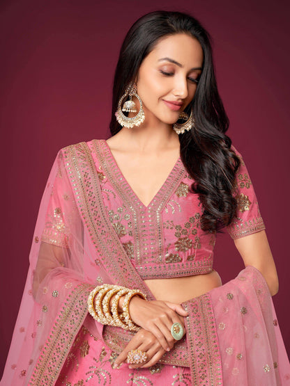 Tulsi Art Marvelous Pink Sequins Work Slub Silk Wedding Wear Lehenga Choli