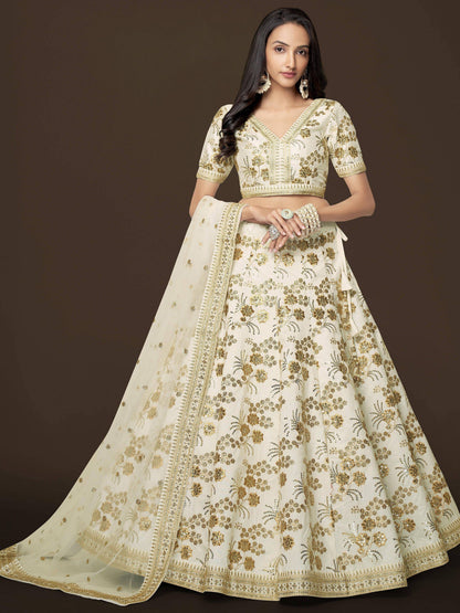 Tulsi Art Alluring White Zari Work Engagement Wear Slub Silk Lehenga Choli