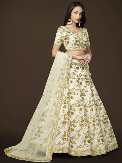 Tulsi Art Alluring White Zari Work Engagement Wear Slub Silk Lehenga Choli