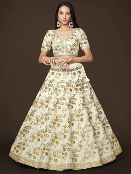 Tulsi Art Alluring White Zari Work Engagement Wear Slub Silk Lehenga Choli