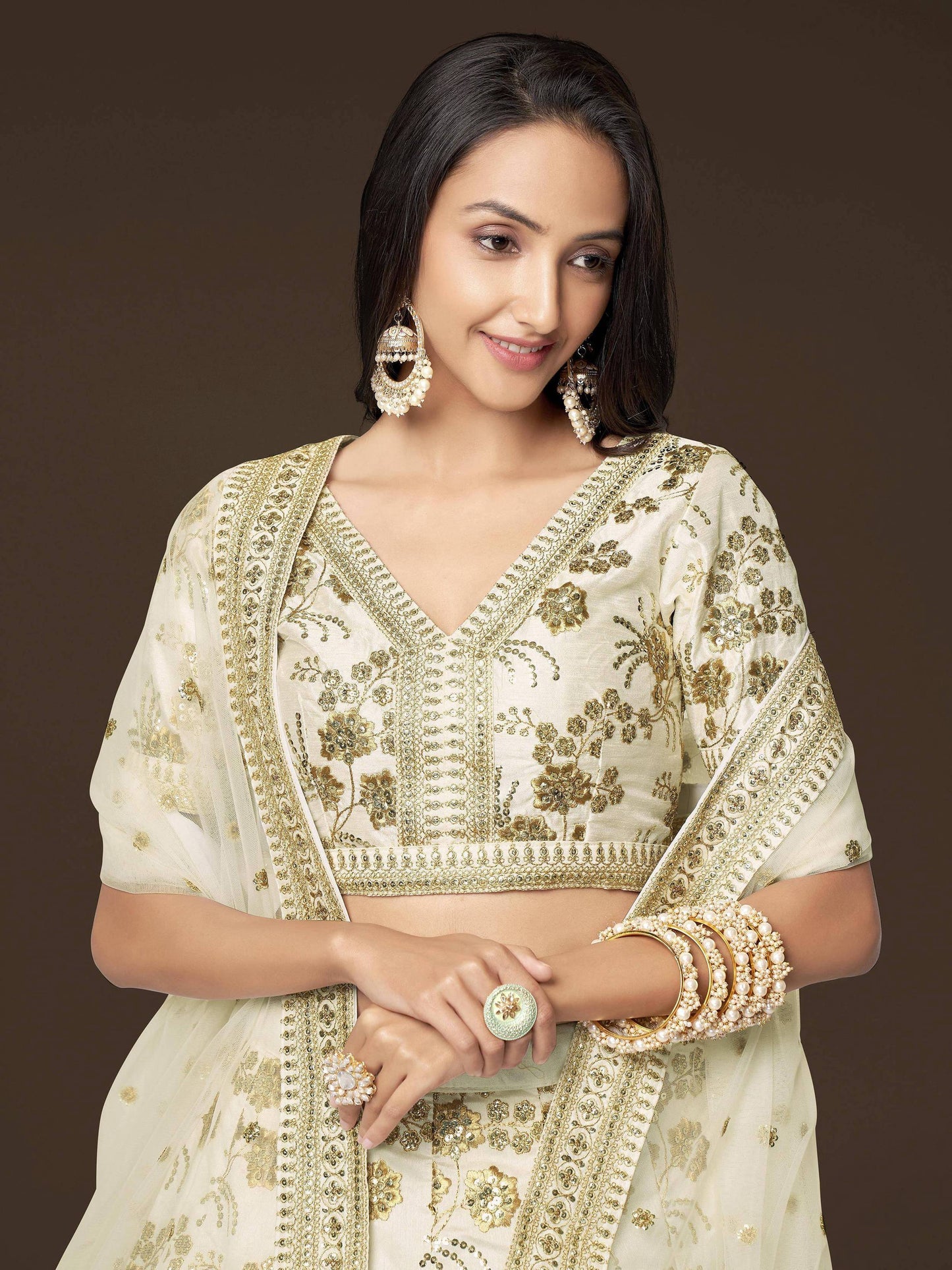 Tulsi Art Alluring White Zari Work Engagement Wear Slub Silk Lehenga Choli