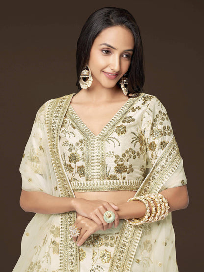 Tulsi Art Alluring White Zari Work Engagement Wear Slub Silk Lehenga Choli