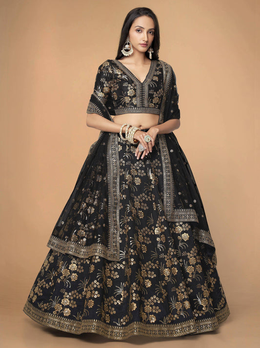Tulsi Art Magnetic Black Sequins Work Slub Silk Reception Wear Lehenga Choli
