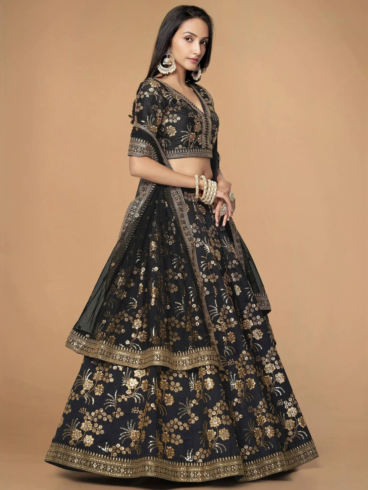 Tulsi Art Magnetic Black Sequins Work Slub Silk Reception Wear Lehenga Choli