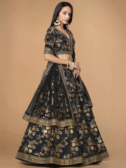 Tulsi Art Magnetic Black Sequins Work Slub Silk Reception Wear Lehenga Choli