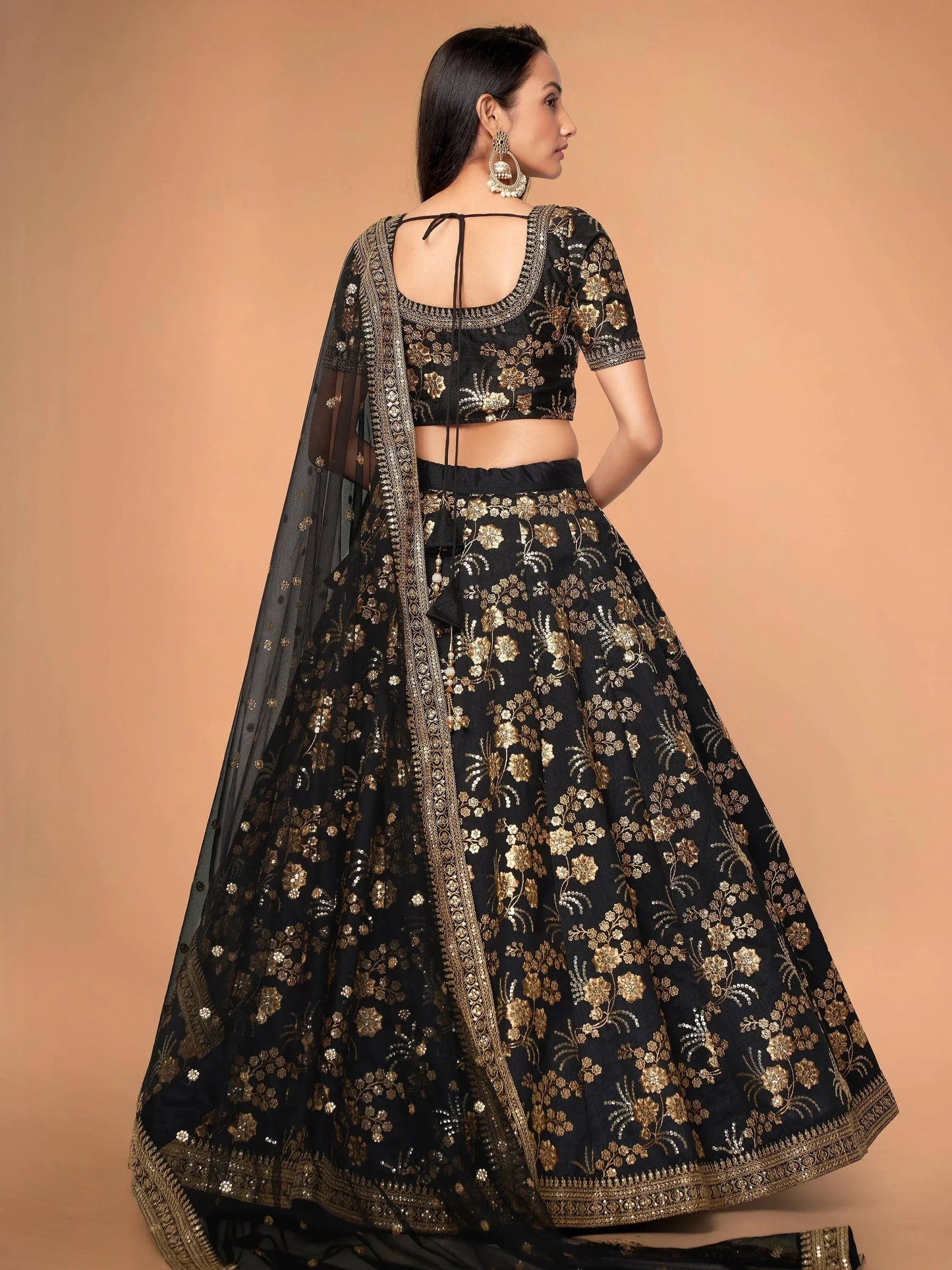 Tulsi Art Magnetic Black Sequins Work Slub Silk Reception Wear Lehenga Choli