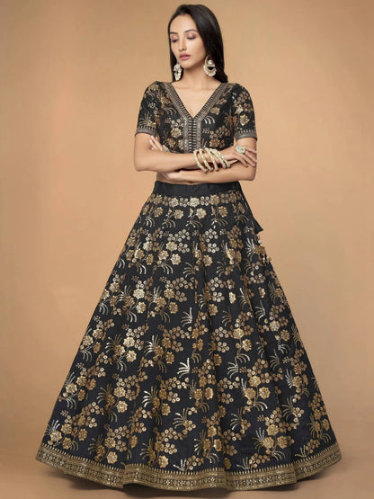 Tulsi Art Magnetic Black Sequins Work Slub Silk Reception Wear Lehenga Choli
