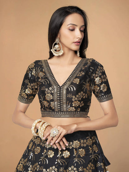 Tulsi Art Magnetic Black Sequins Work Slub Silk Reception Wear Lehenga Choli