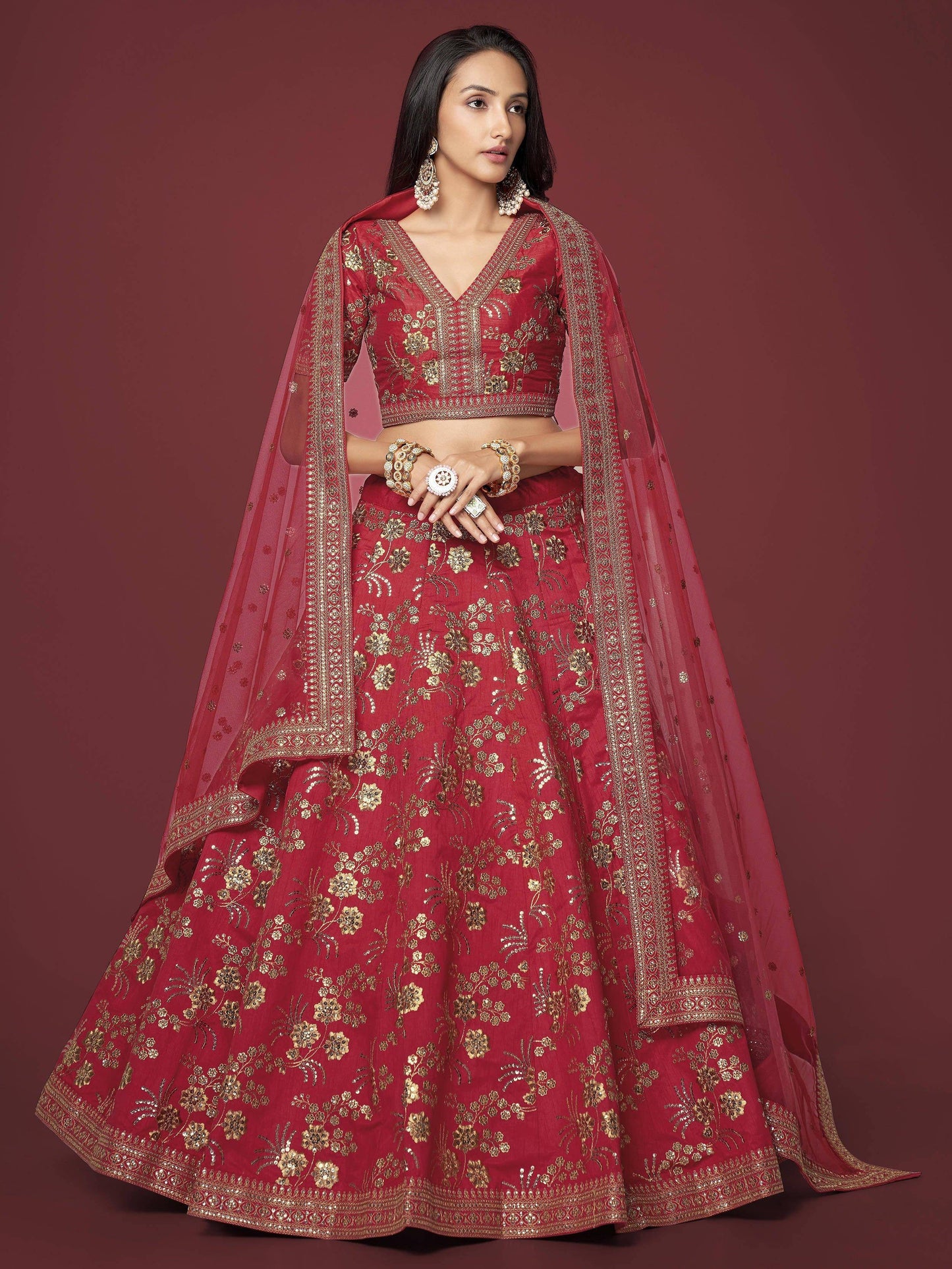 Tulsi Art Bewitching Red Zari Work Slub Silk Wedding Wear Lehenga Choli