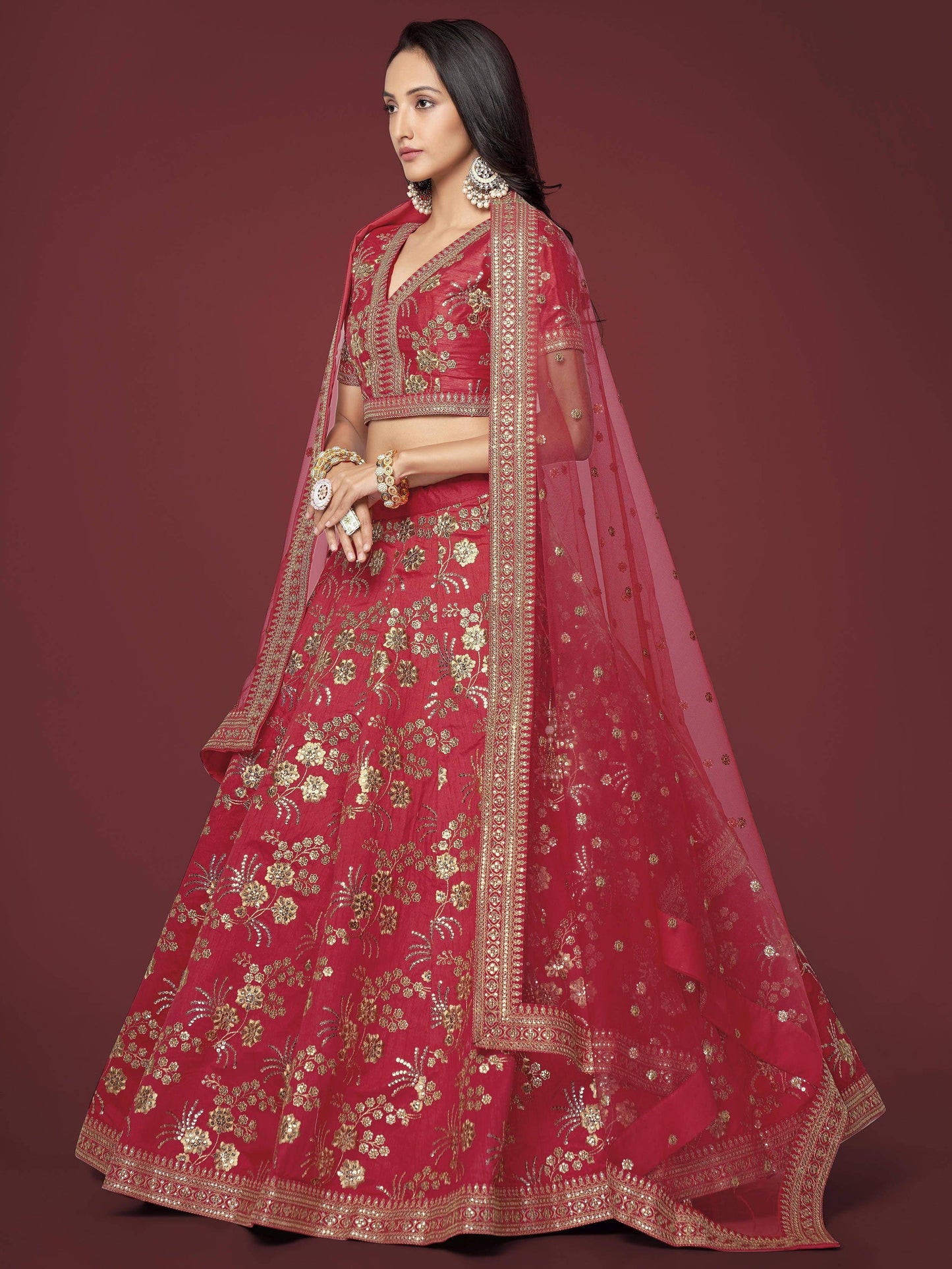 Tulsi Art Bewitching Red Zari Work Slub Silk Wedding Wear Lehenga Choli