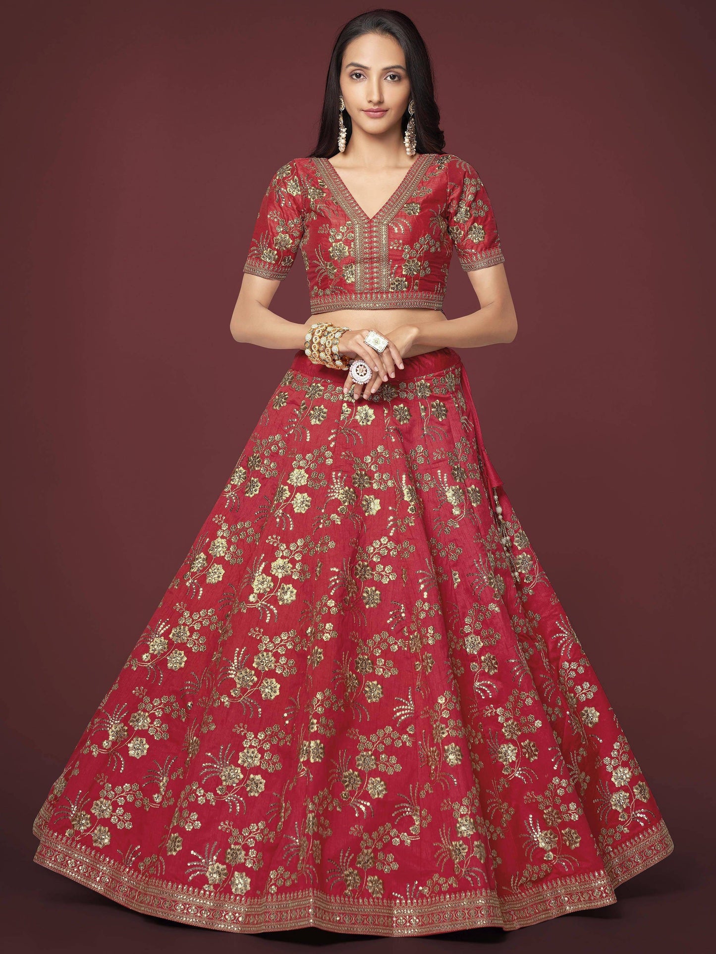 Tulsi Art Bewitching Red Zari Work Slub Silk Wedding Wear Lehenga Choli