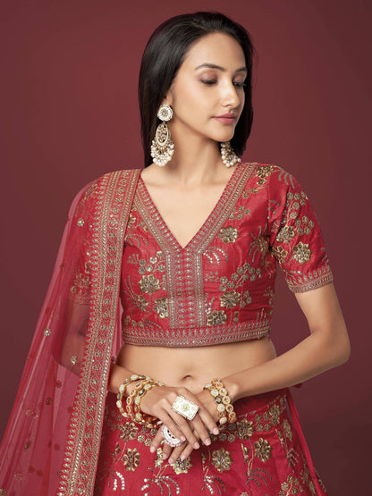 Tulsi Art Bewitching Red Zari Work Slub Silk Wedding Wear Lehenga Choli