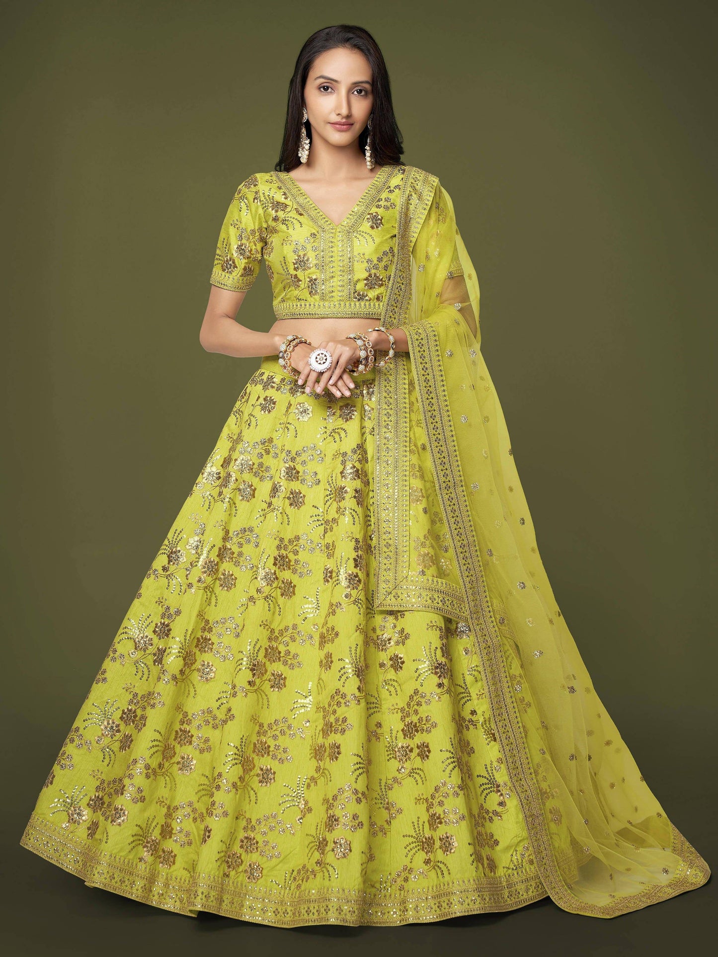 Tulsi Art Prodigious Neon Green Sequins Work Lehenga Choli With Dupatta