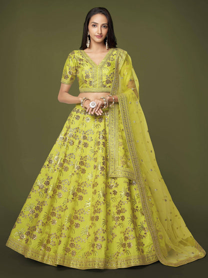 Tulsi Art Prodigious Neon Green Sequins Work Lehenga Choli With Dupatta
